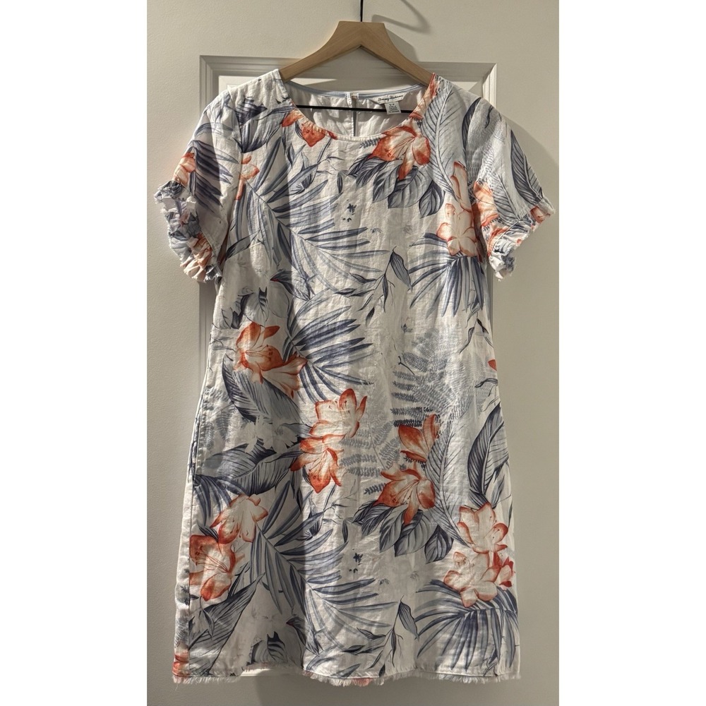 Tommy Bahama 100% Linen Floral Shift Dress Fringe Hem Sleeve White Blue Coral S